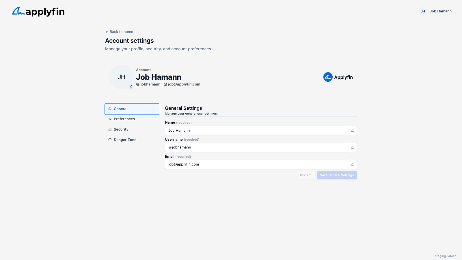 The General tab of your account settings