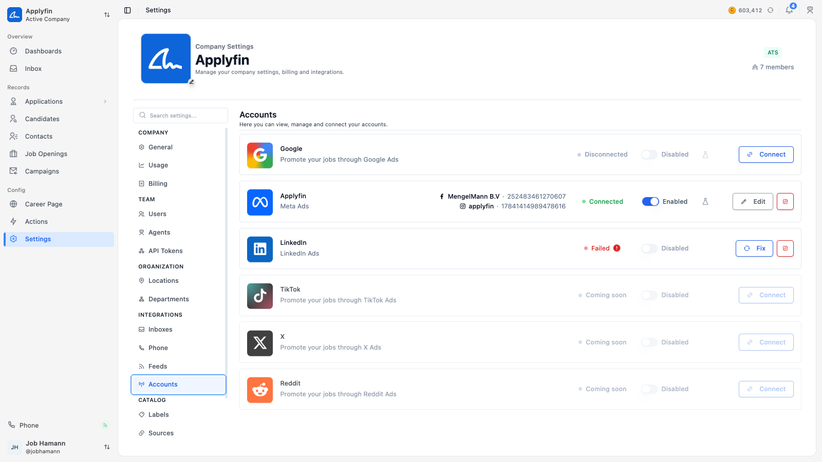 The Accounts tab under Settings, with a card per channel