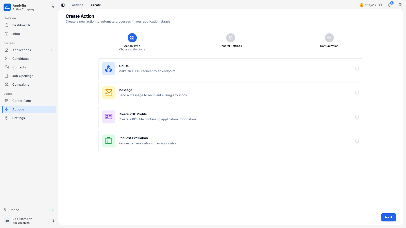 The Create Action screen, with the four action types