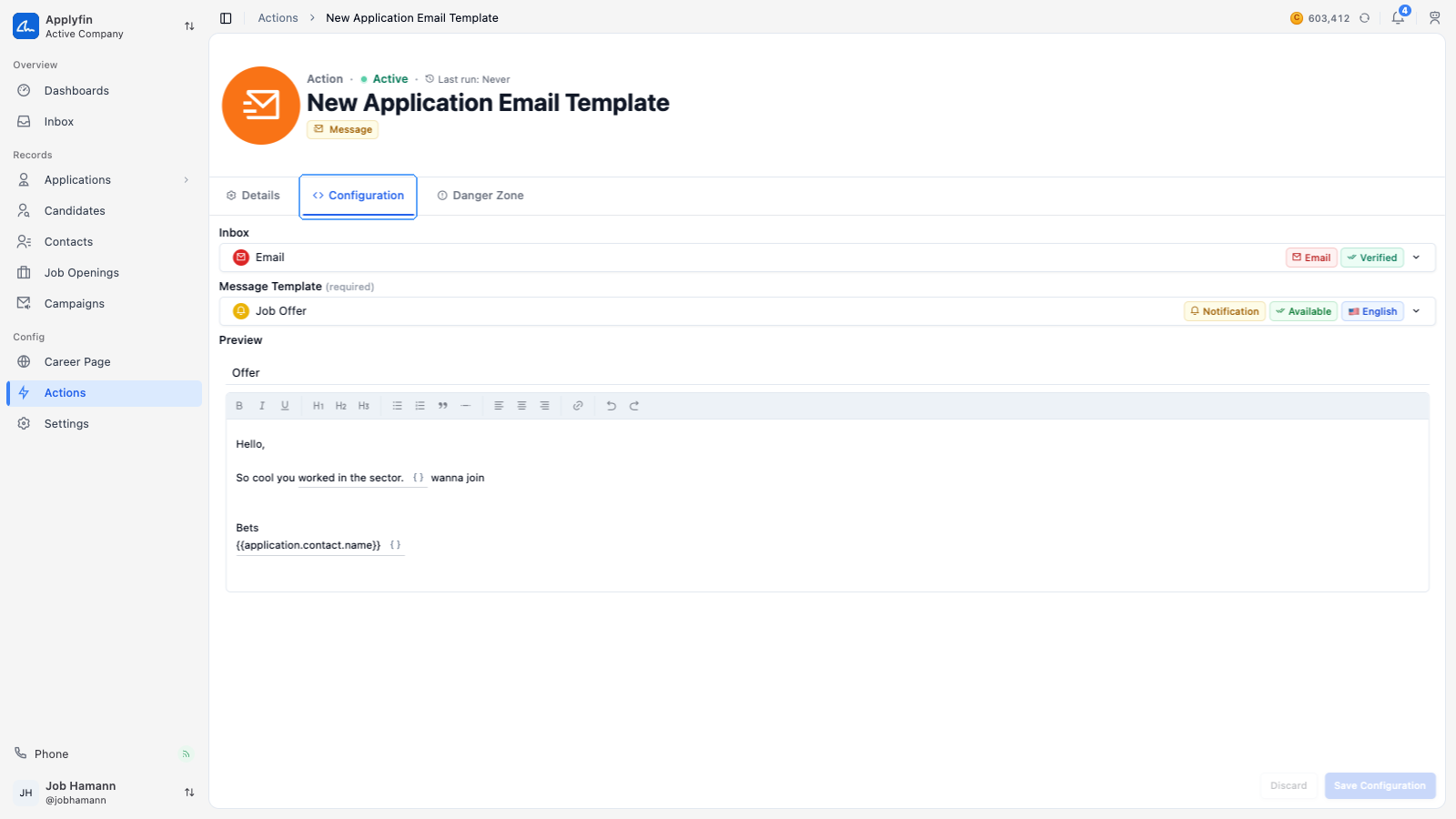 The Configuration tab of a Message action, with its inbox, template and preview
