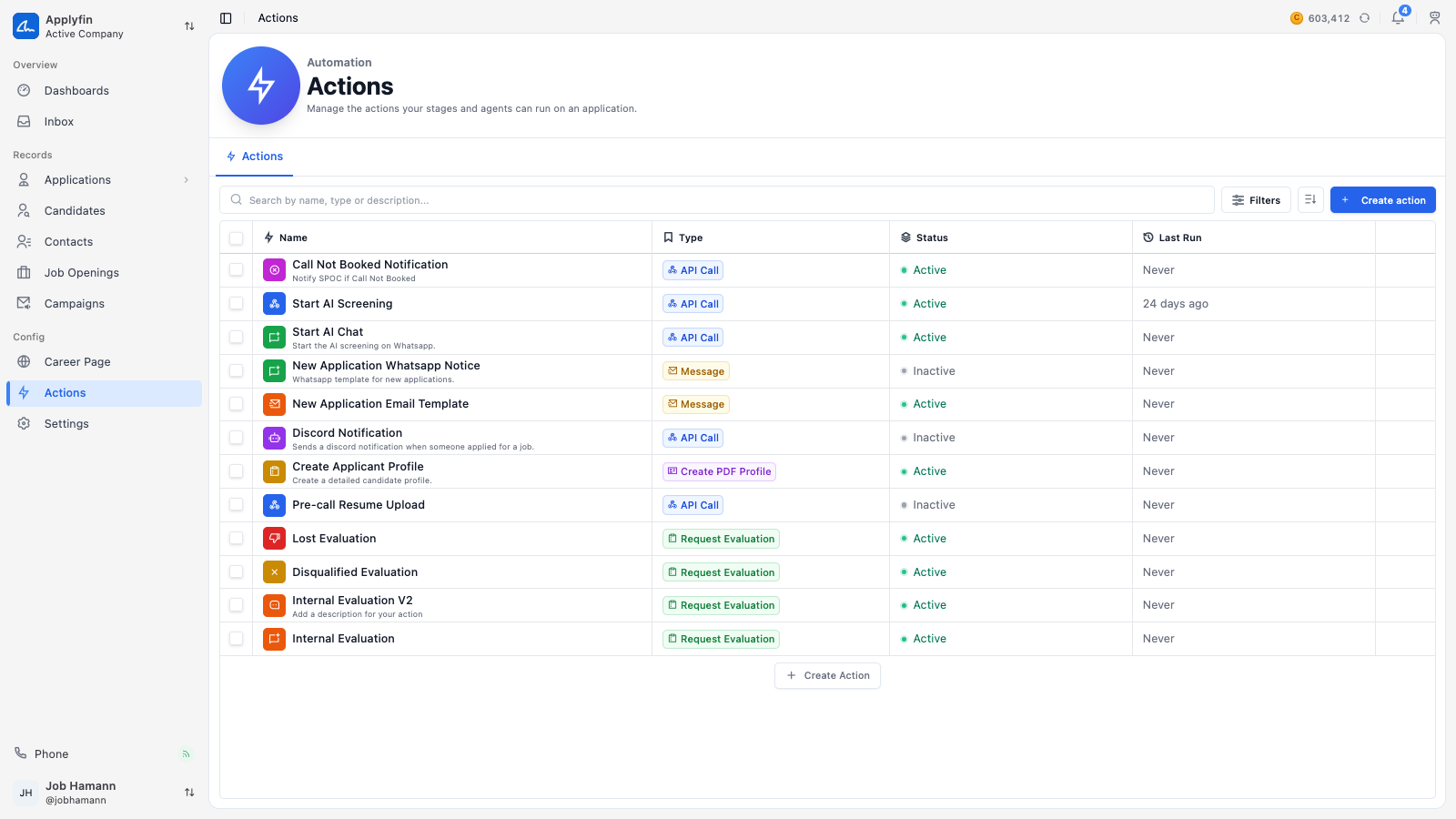 The Actions list