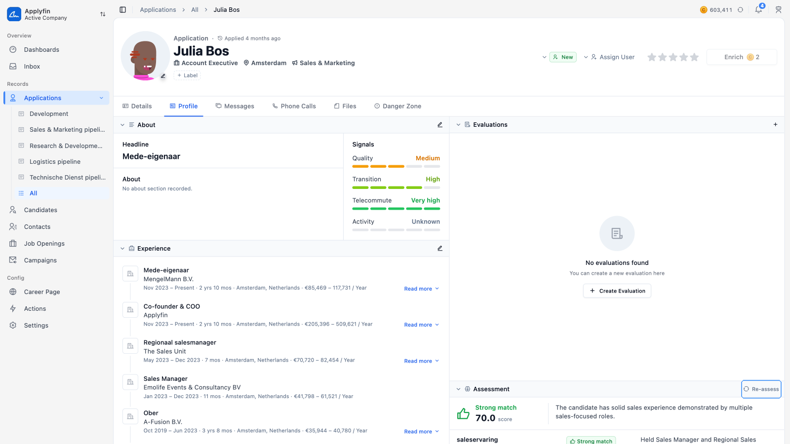 The Profile tab of an application with the Assessment section
