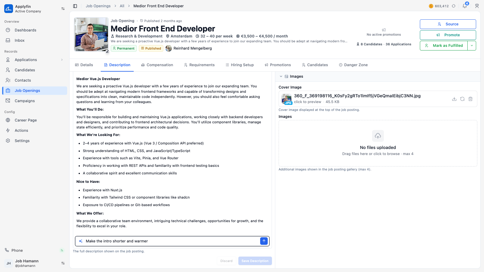 The assistant opened in the description editor of a job opening