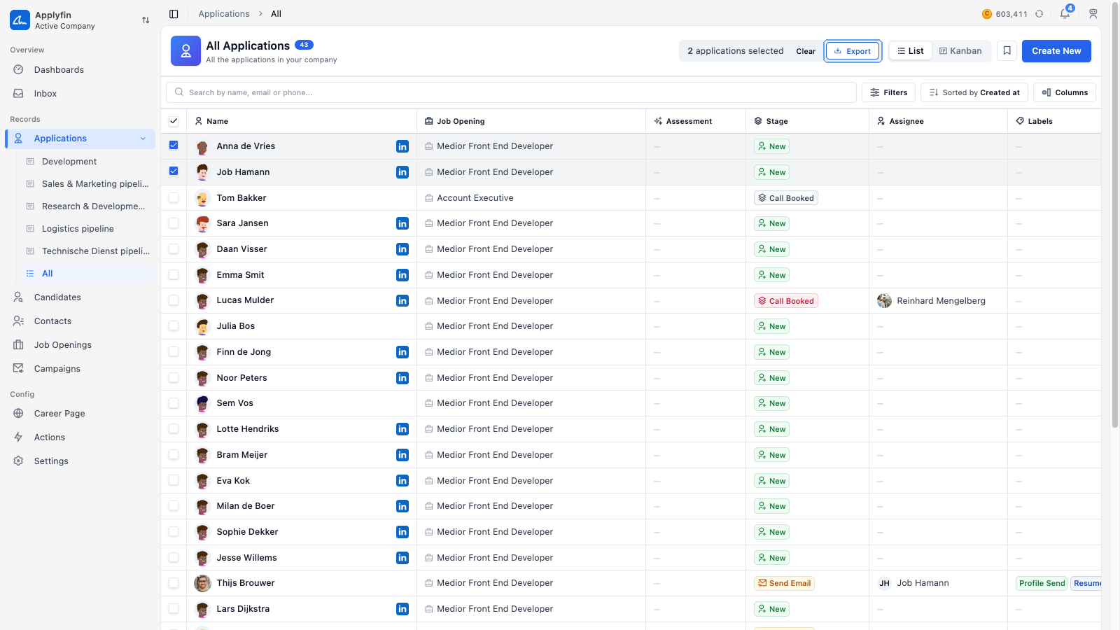 The applications list with two applications ticked and Export in the selection bar