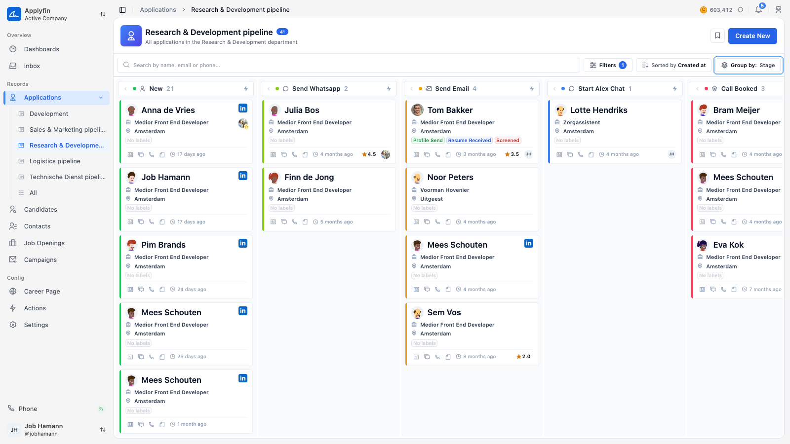 The applications board grouped by stage, with Group by highlighted