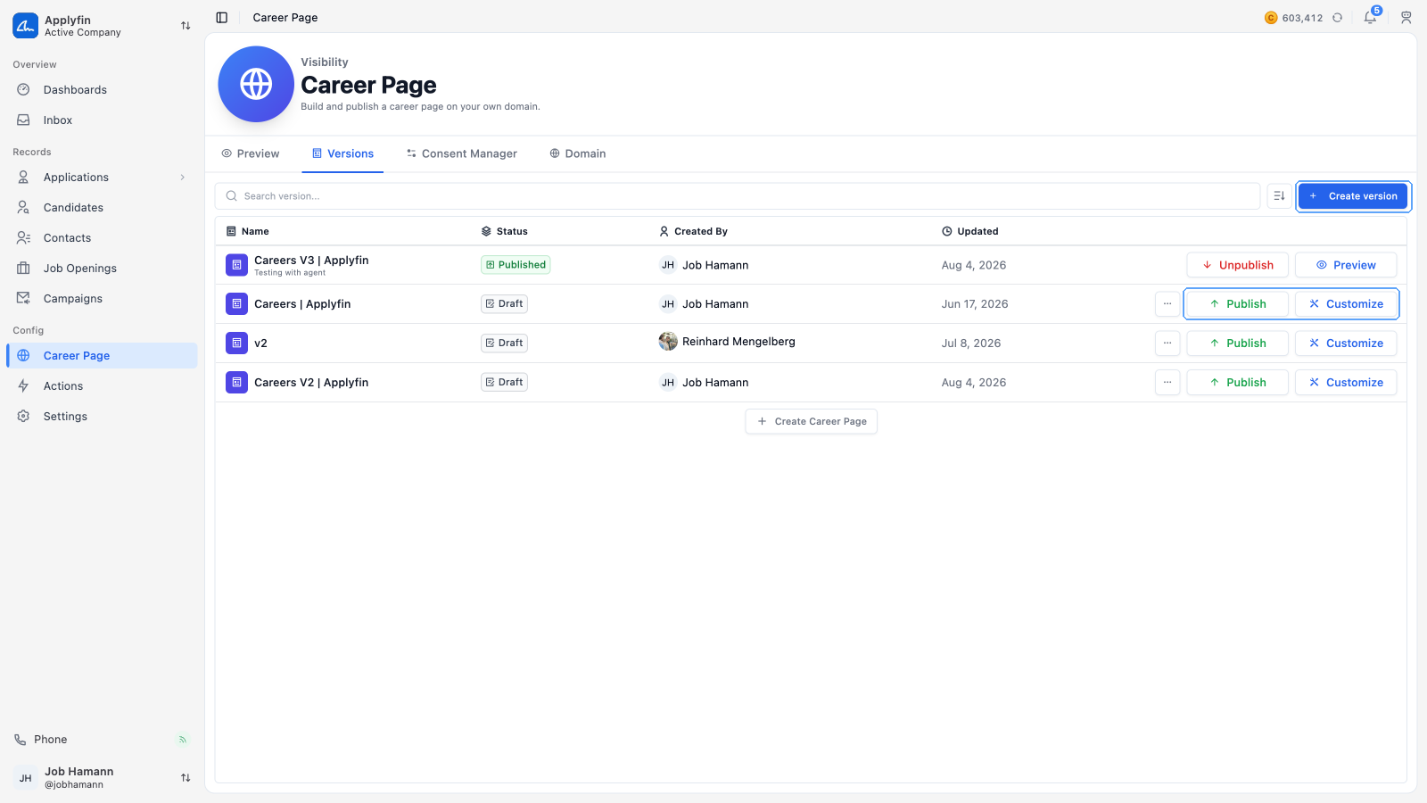 The Versions tab, with Create version and the Publish and Customize buttons
