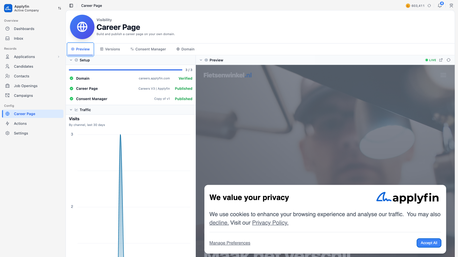 The Career Page screen on its Preview tab, with the Setup panel