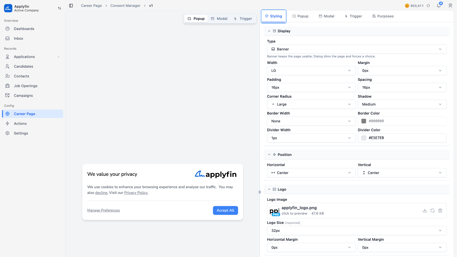 The consent manager customiser, with the preview on the left and the tabs on the right