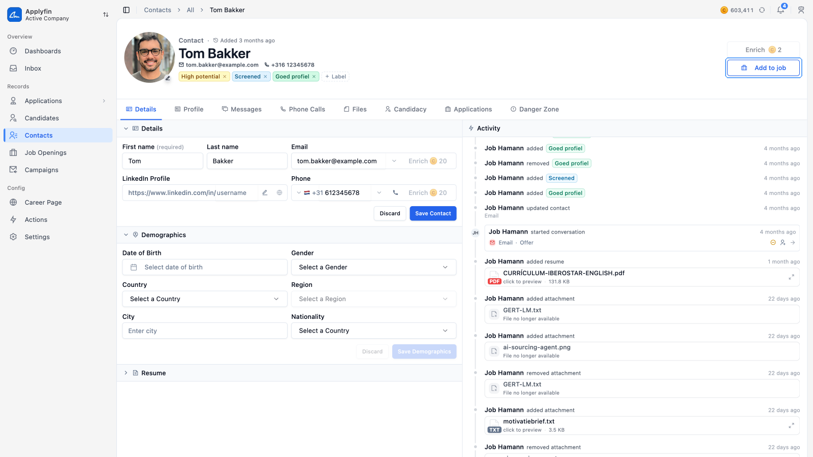 A contact on its Details tab, with its eight tabs and Add to job