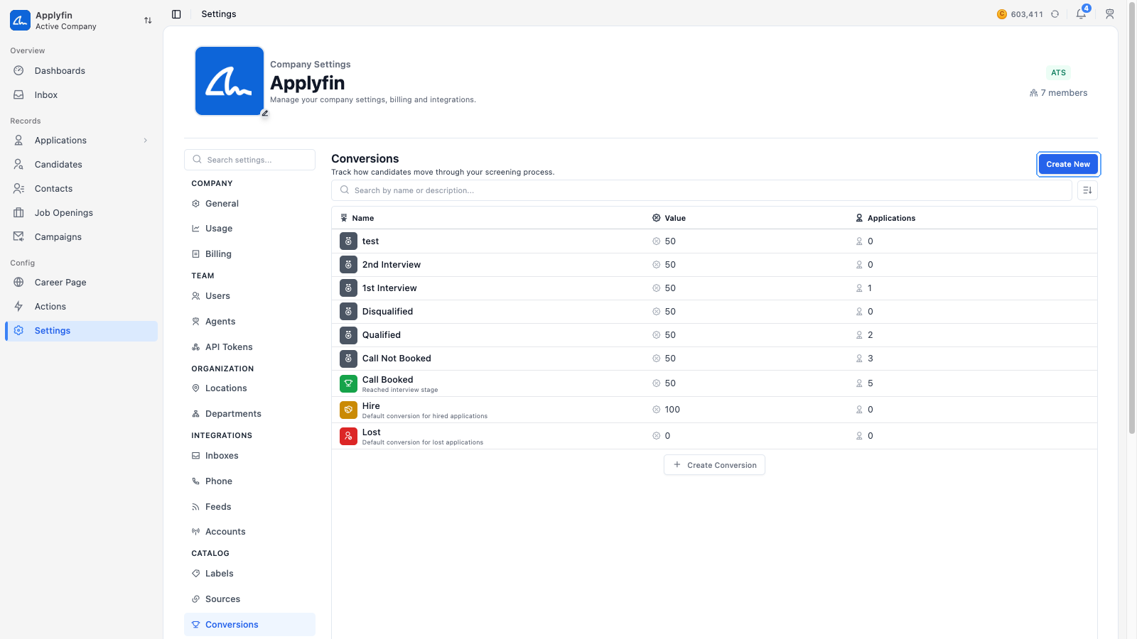Settings > Conversions, with Create New highlighted