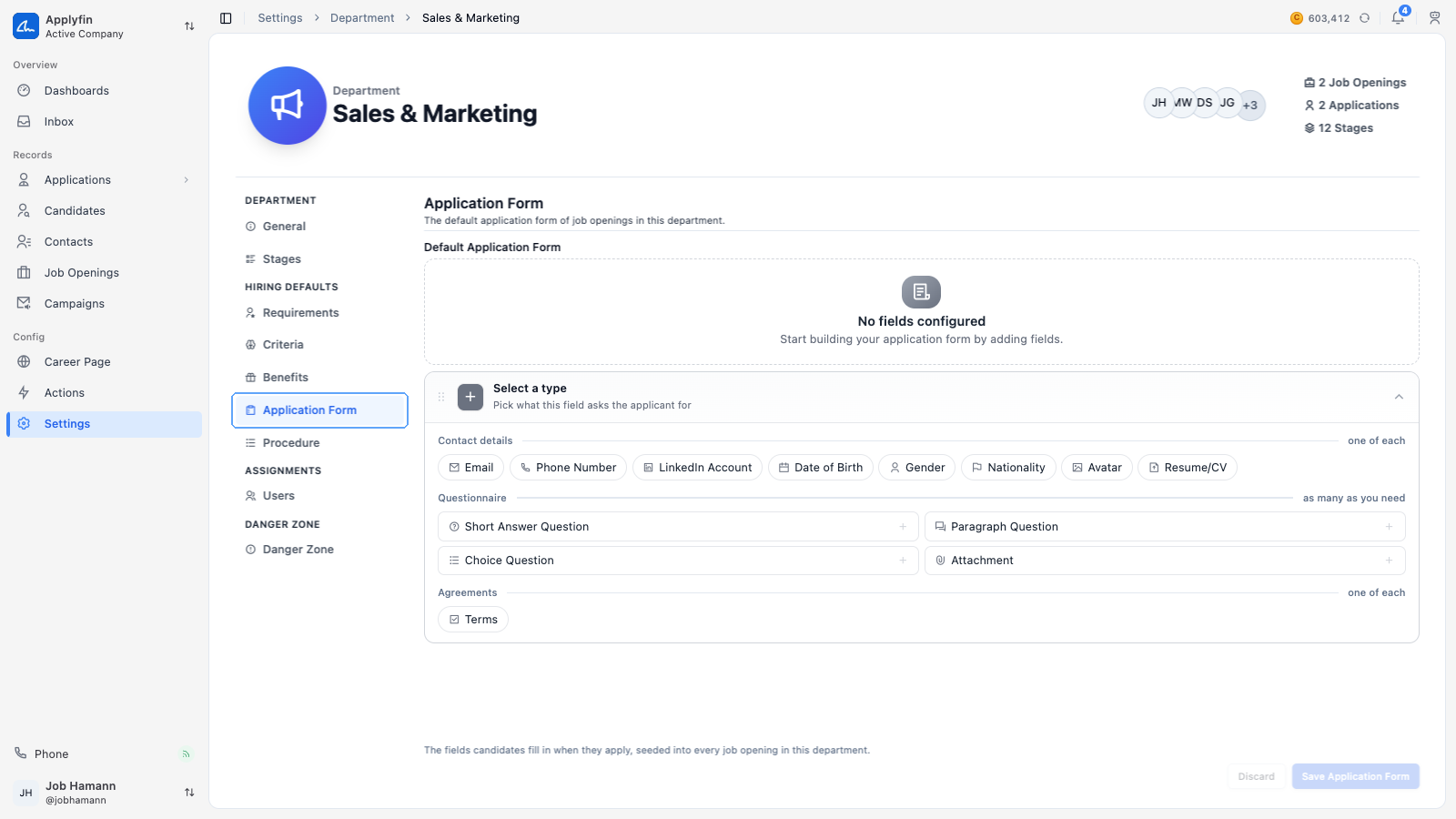 The Application Form tab with the field type catalog open