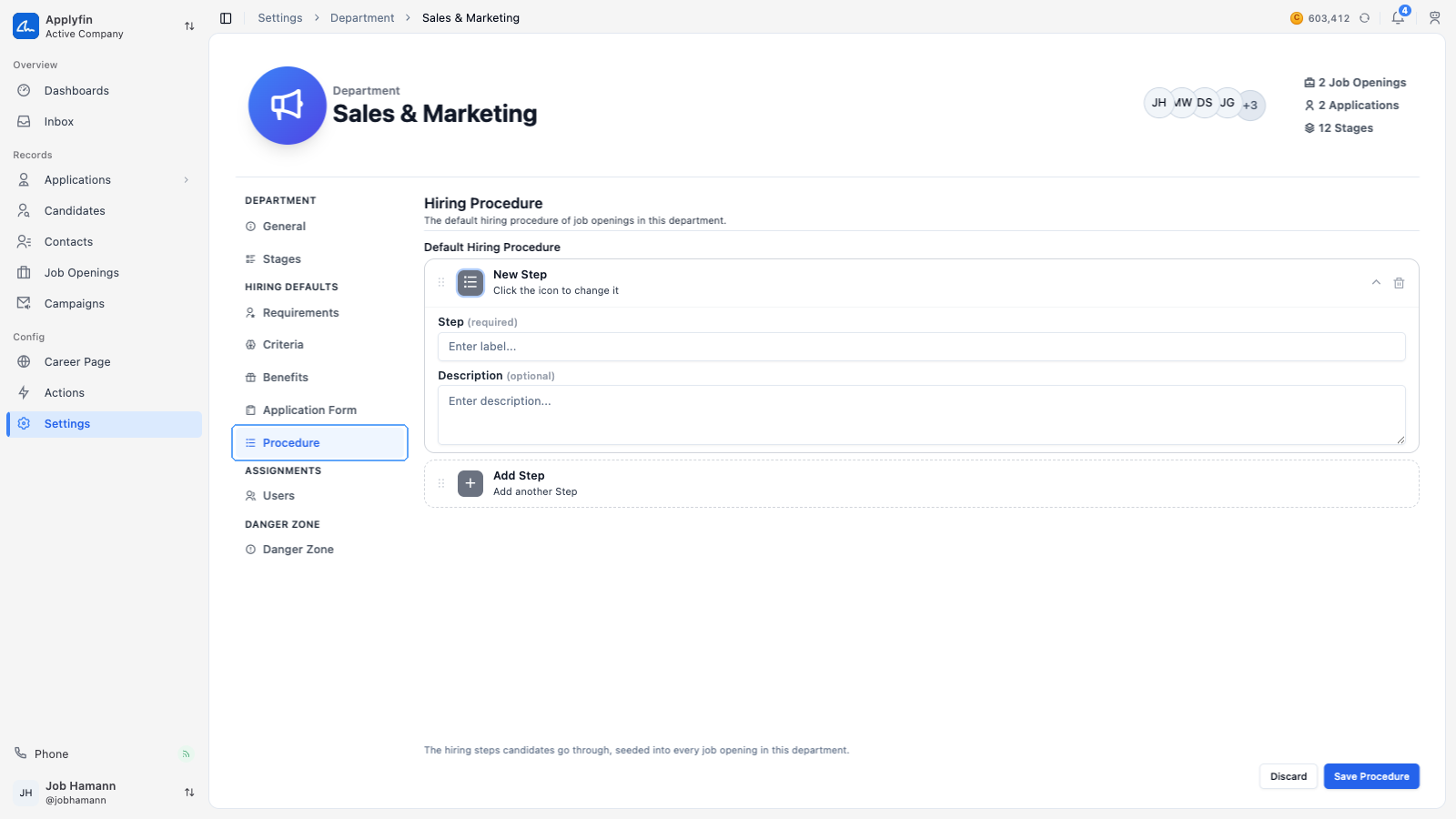 The Procedure tab of a department, with a step being added