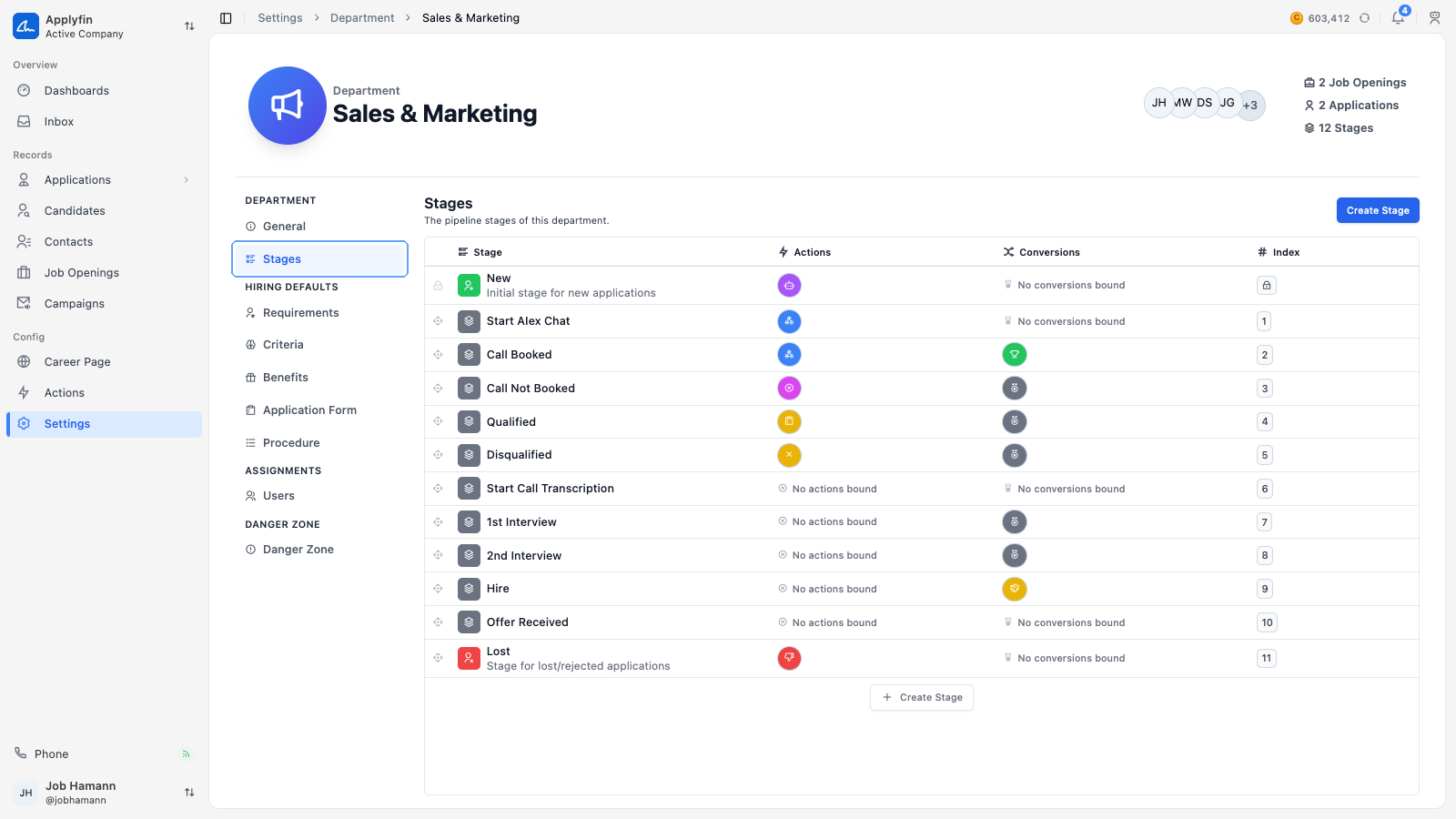 The Stages tab of a department, with Create Stage