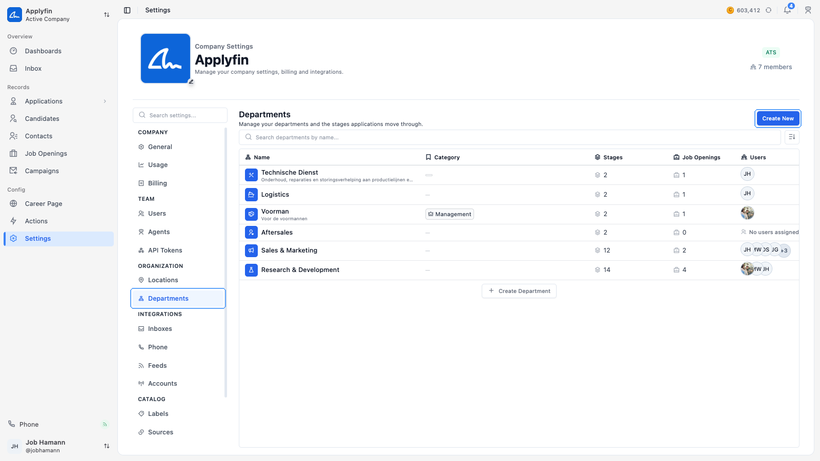 The Departments tab under Settings, with Create New