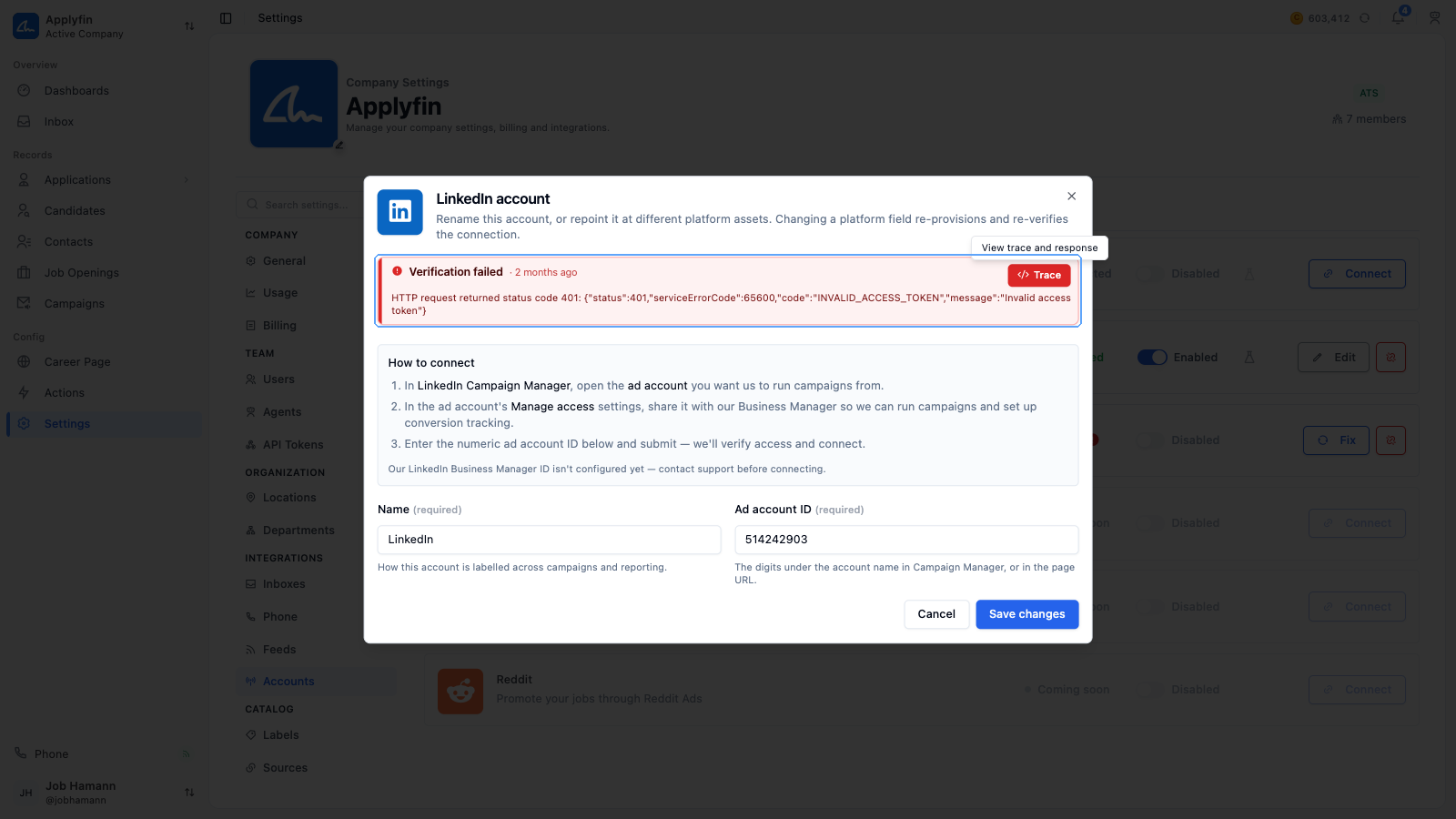 An error banner on an advertising account, with its Trace button