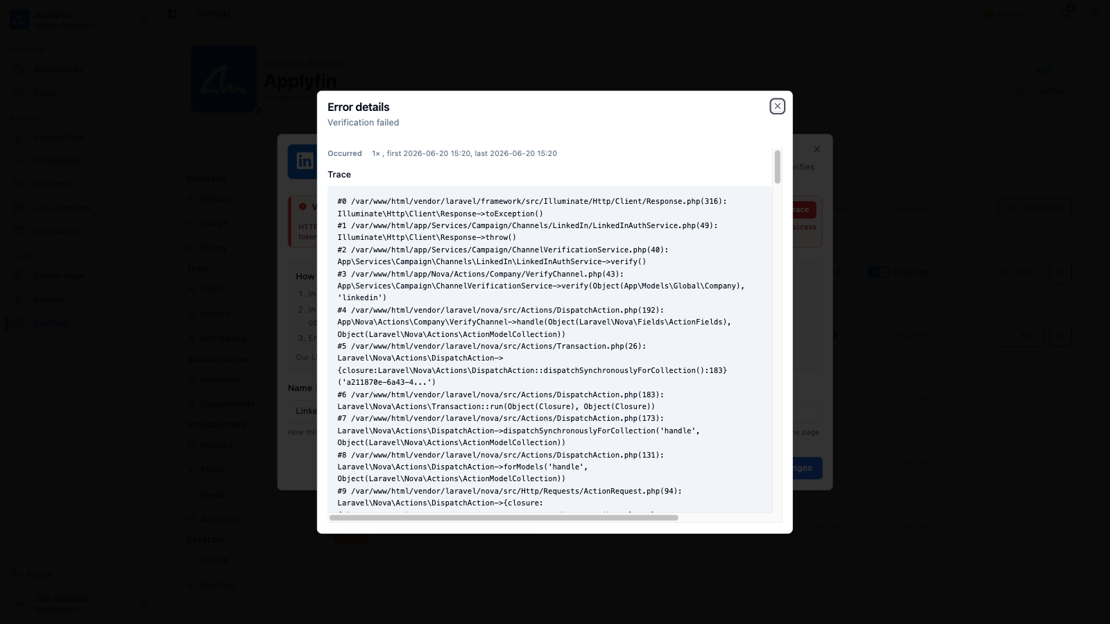 The Error details dialog