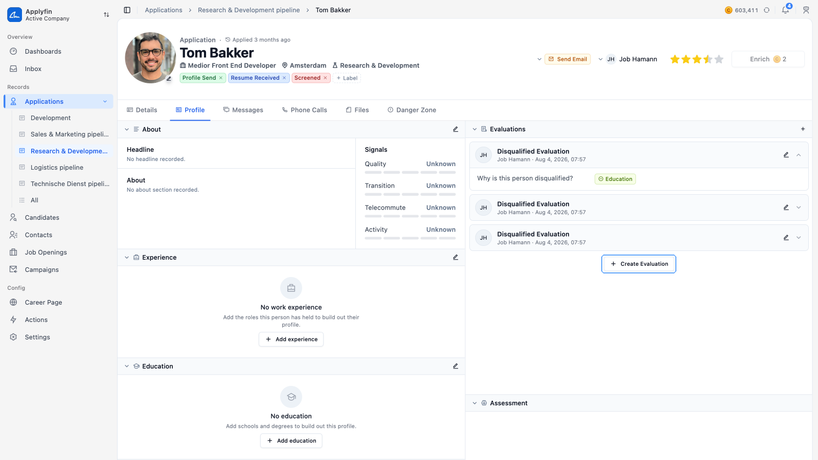 The Evaluations section on the Profile tab of an application