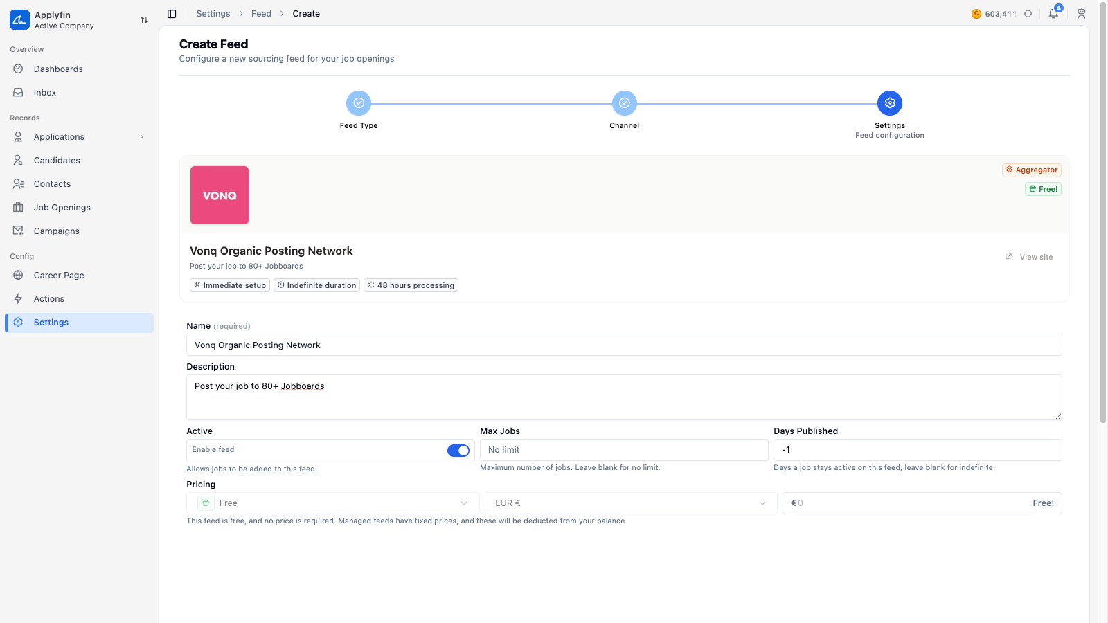 Step 3, Settings: name, job limit, days published and pricing