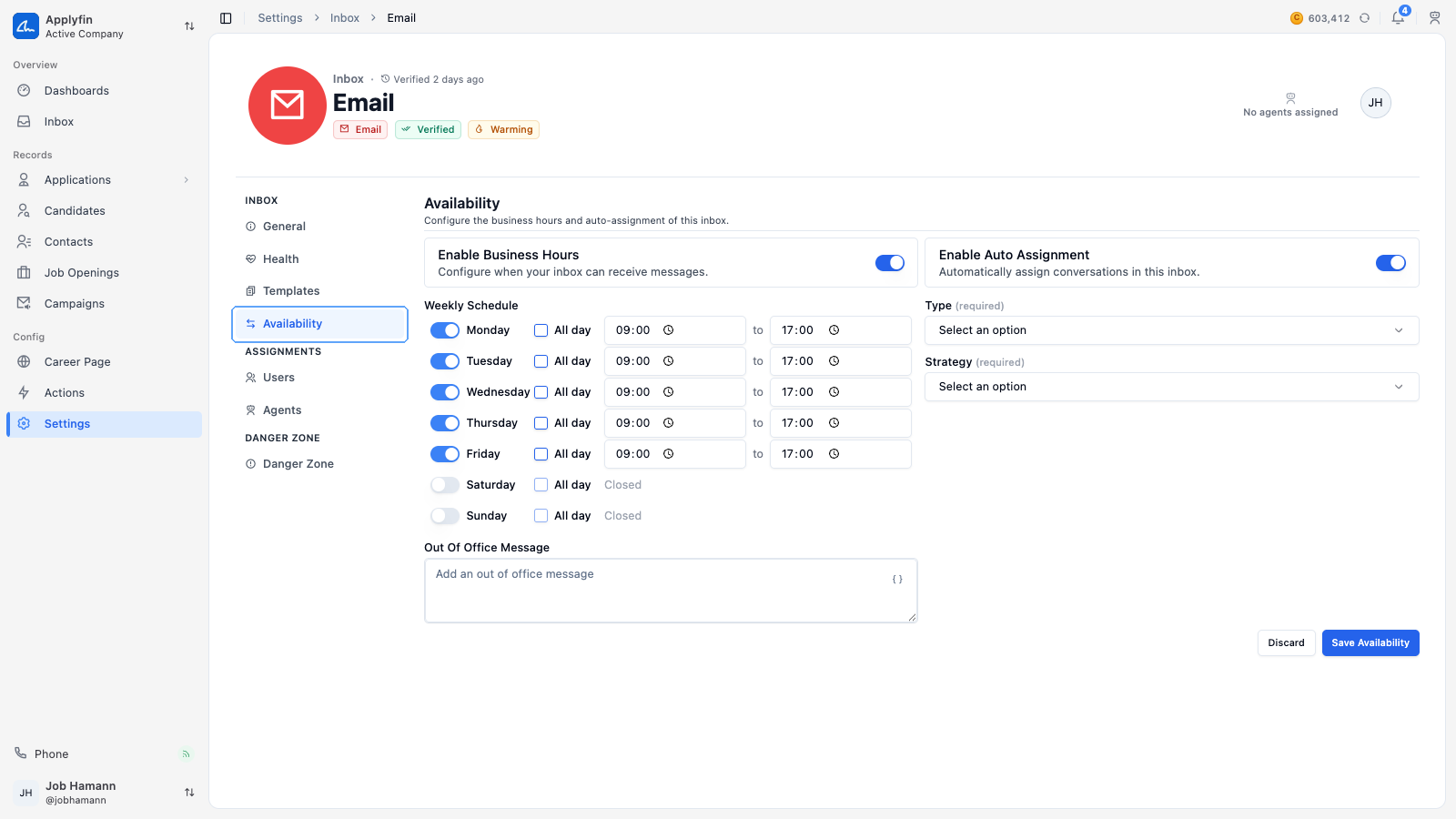The Availability tab, with business hours and auto-assignment turned on