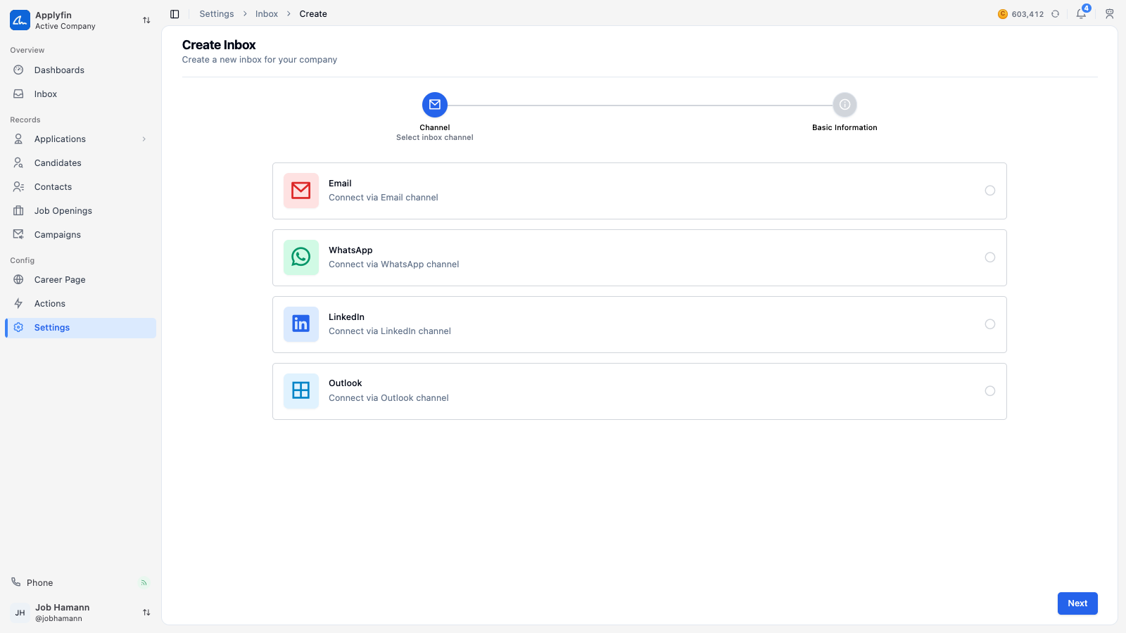The Create Inbox screen, with the four channels to choose from