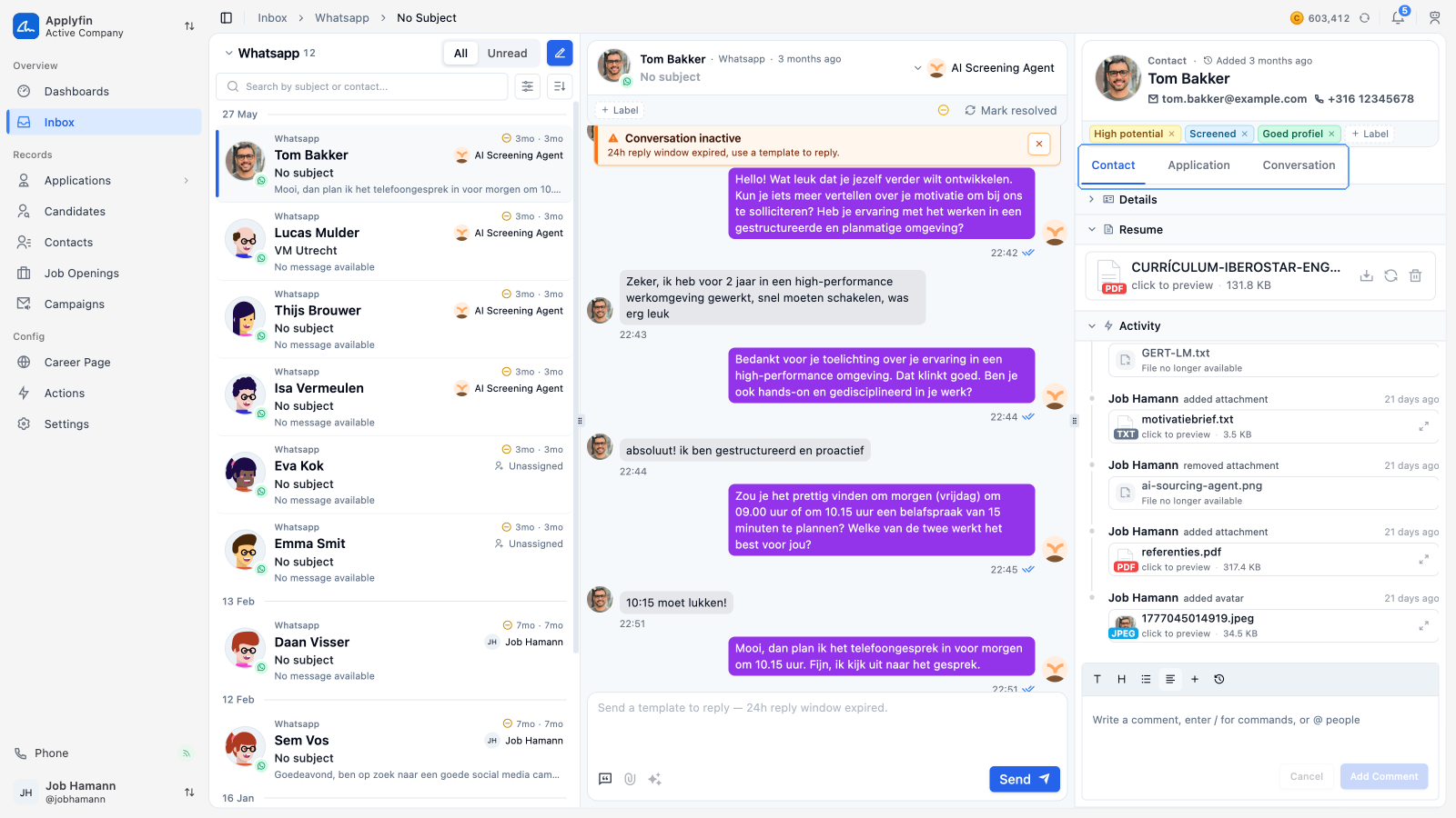 A WhatsApp conversation in the Inbox, with the Contact, Application and Conversation pane