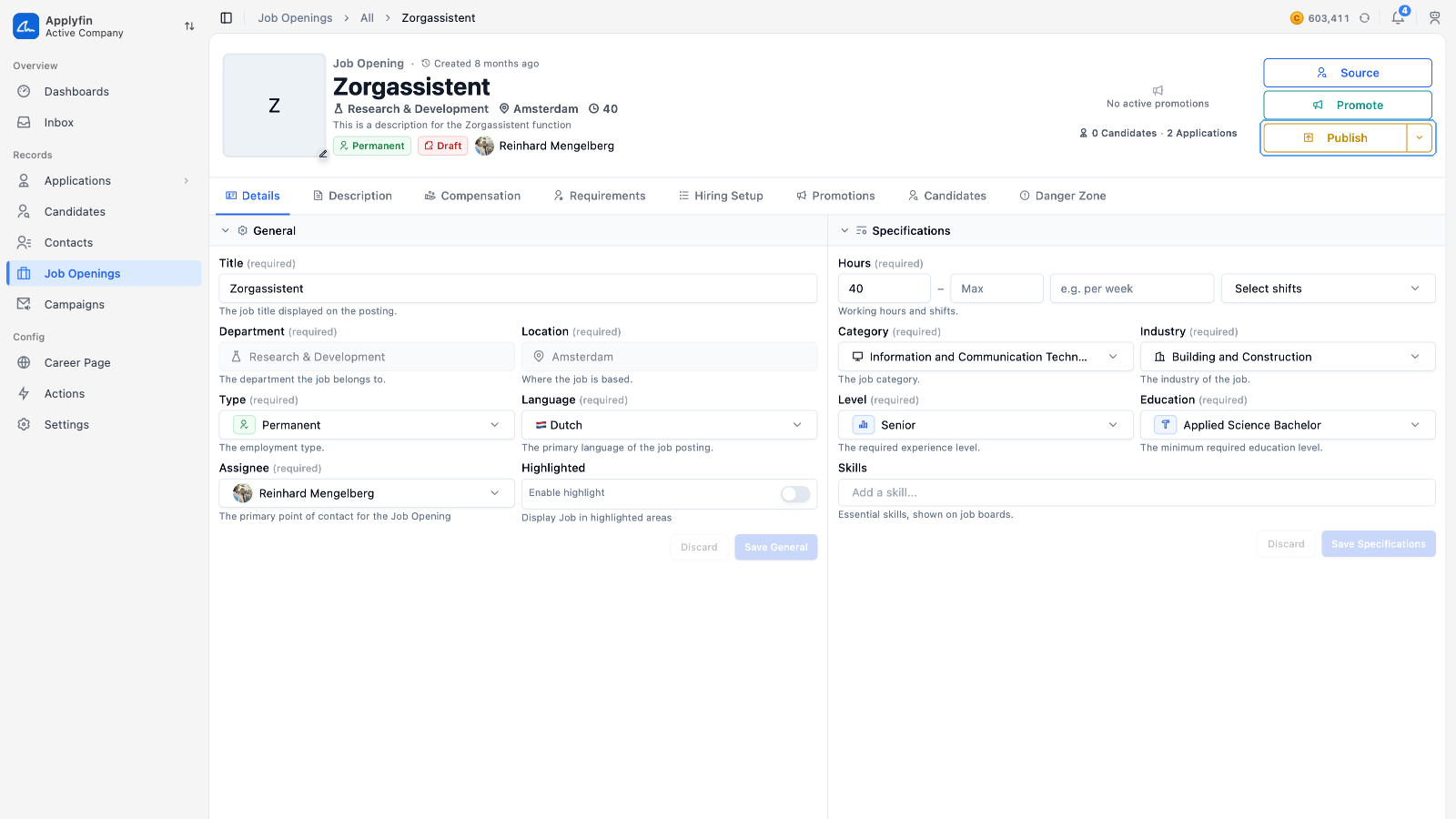 The job opening header with the status button and the tabs