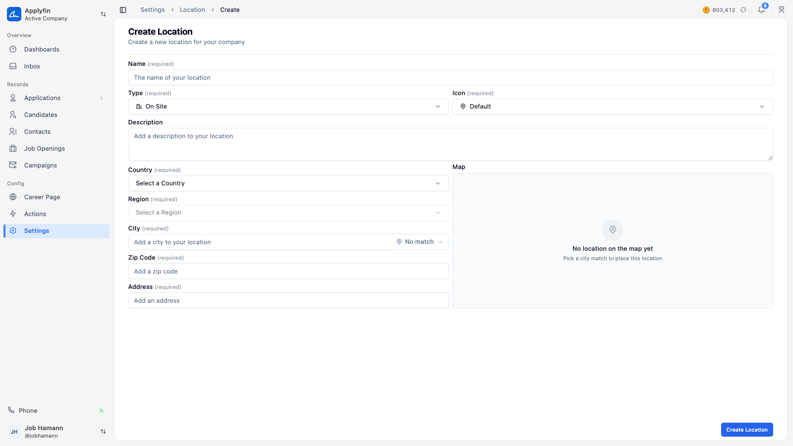 The Create Location form, with the address fields and the map