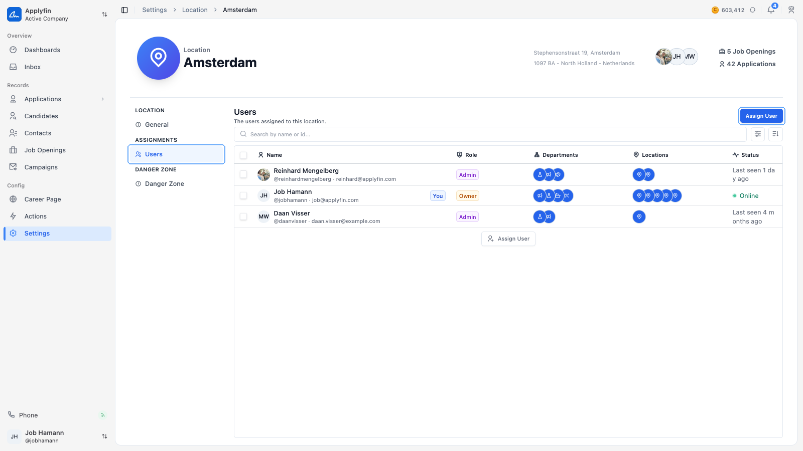 The Users tab of a location, with Assign User