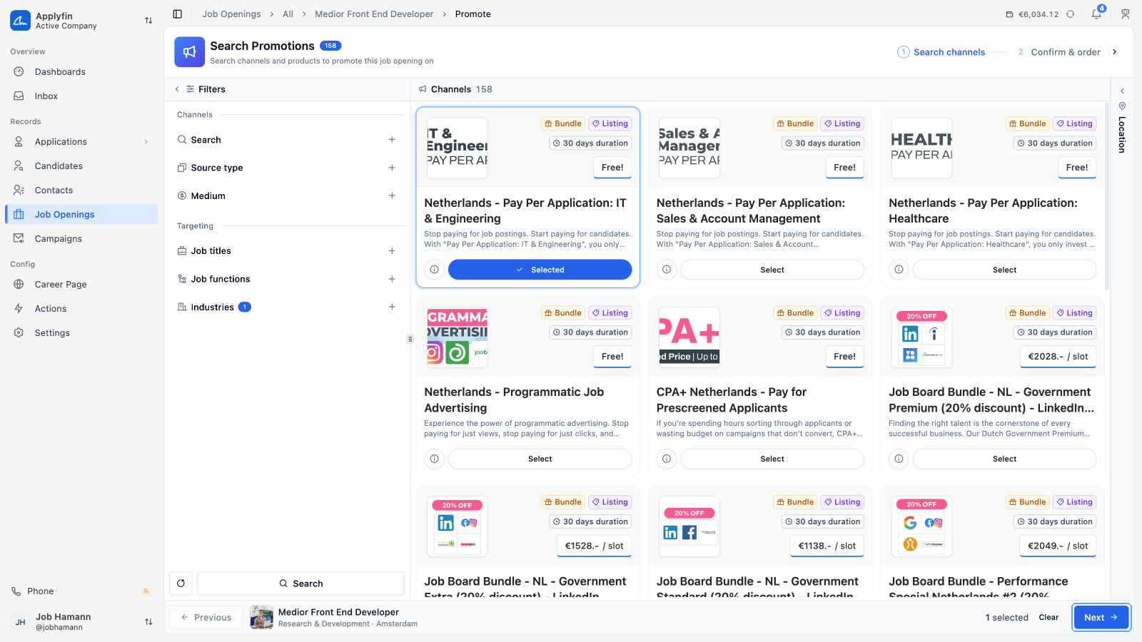 Step 1, Search channels: the filters, the channel results and the location panel