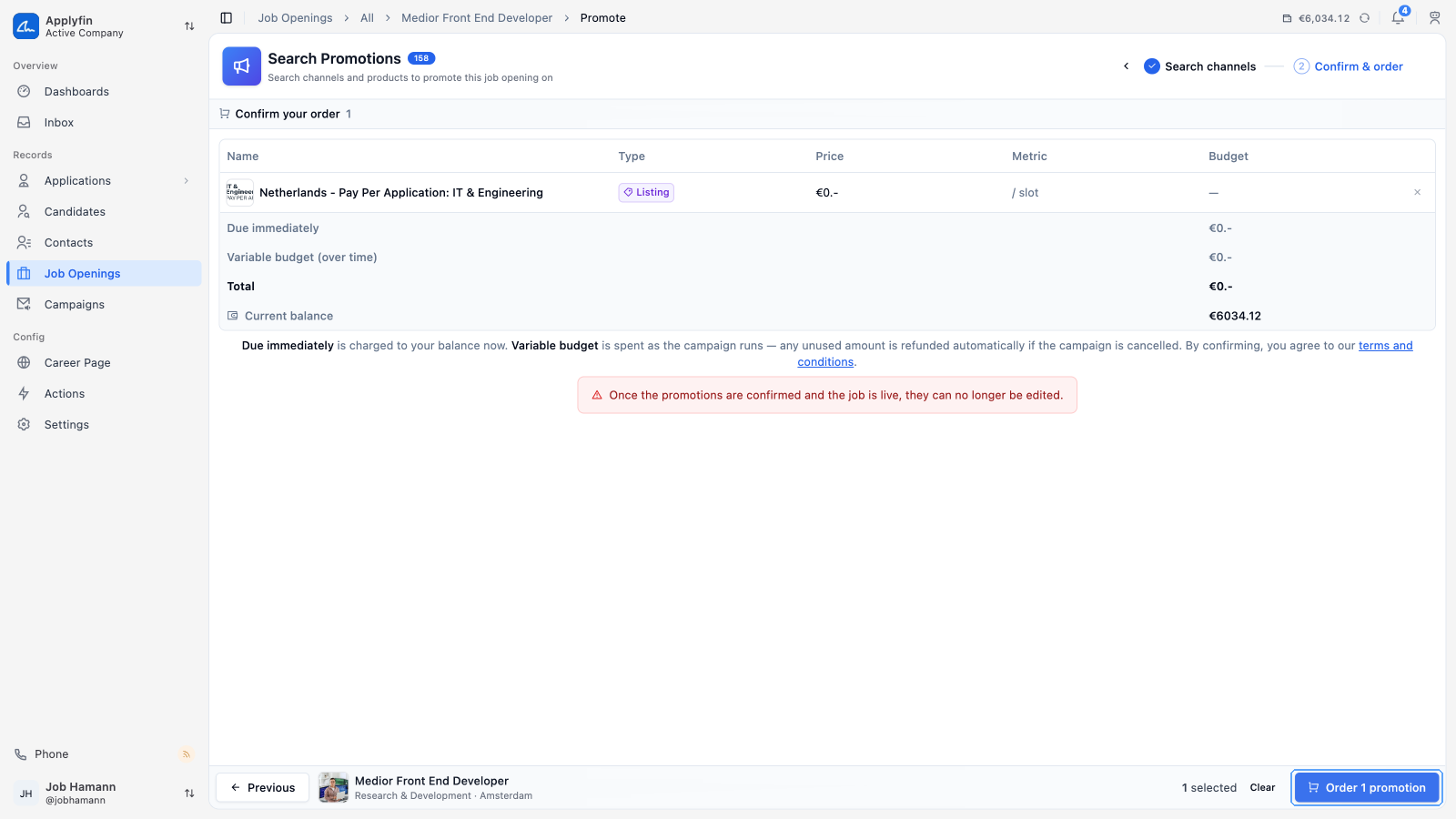 Step 2, Confirm & order: the order summary with the amounts due and the Order button