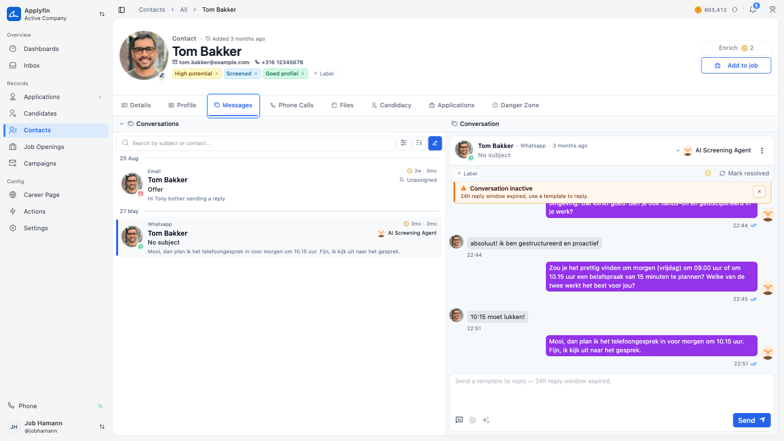 The Messages tab of a contact, with a conversation open