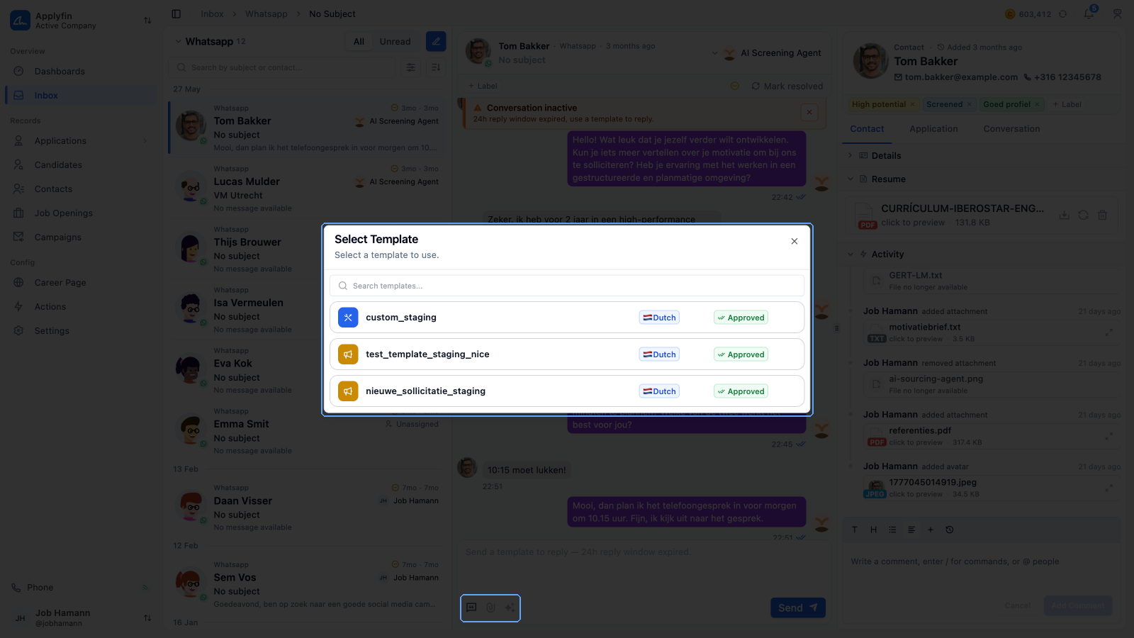 The template picker opened from the reply box