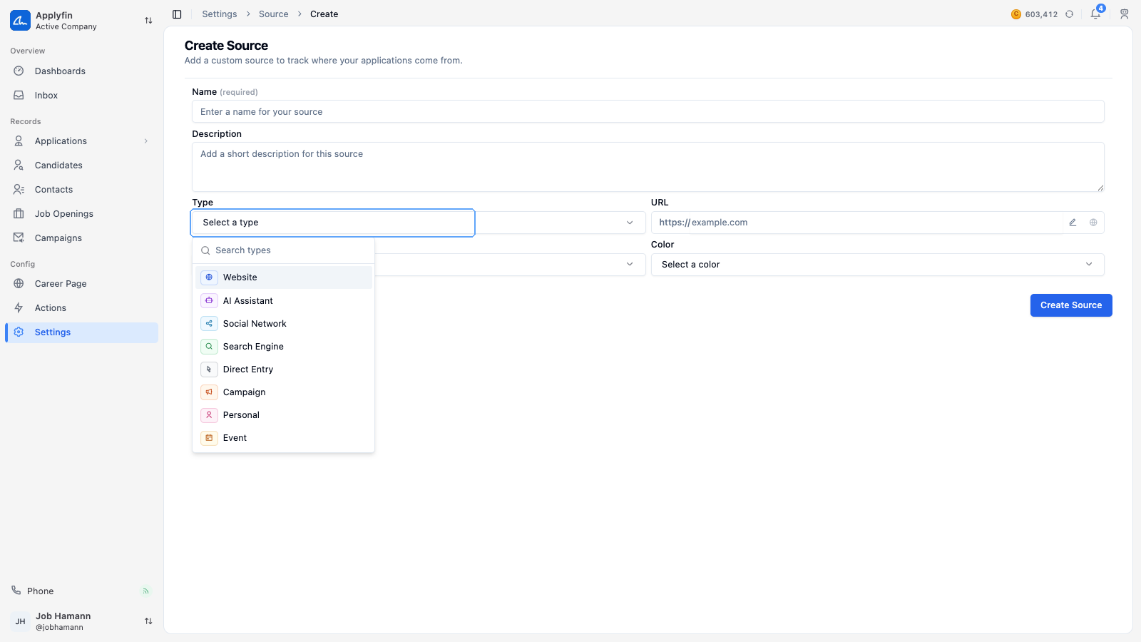 The Create Source form, with the type list open