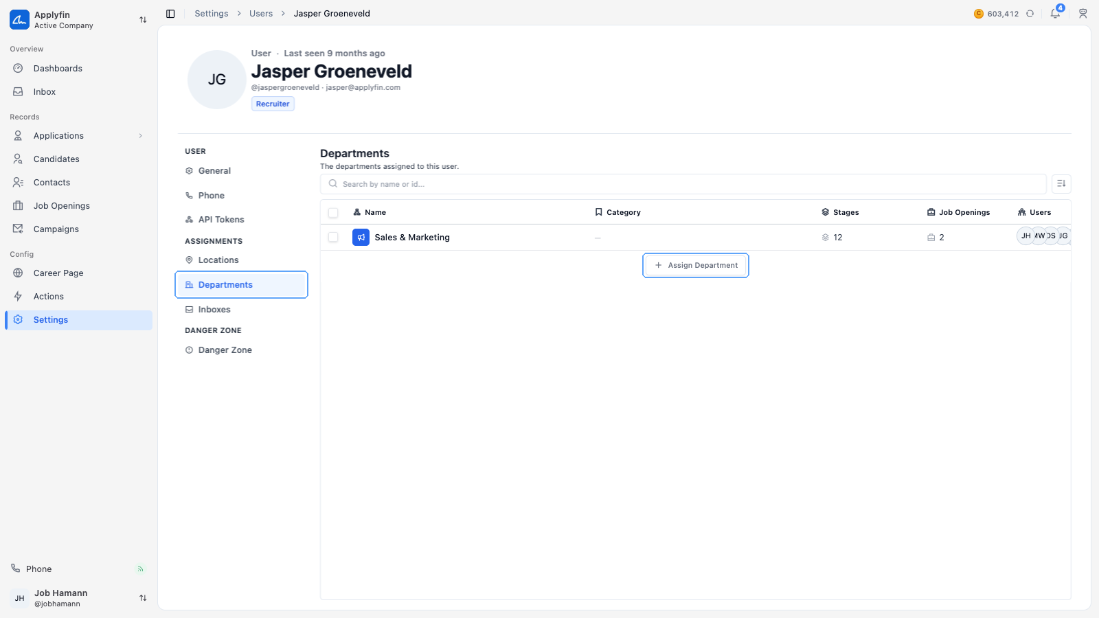 The Departments tab of a user, with Assign Department