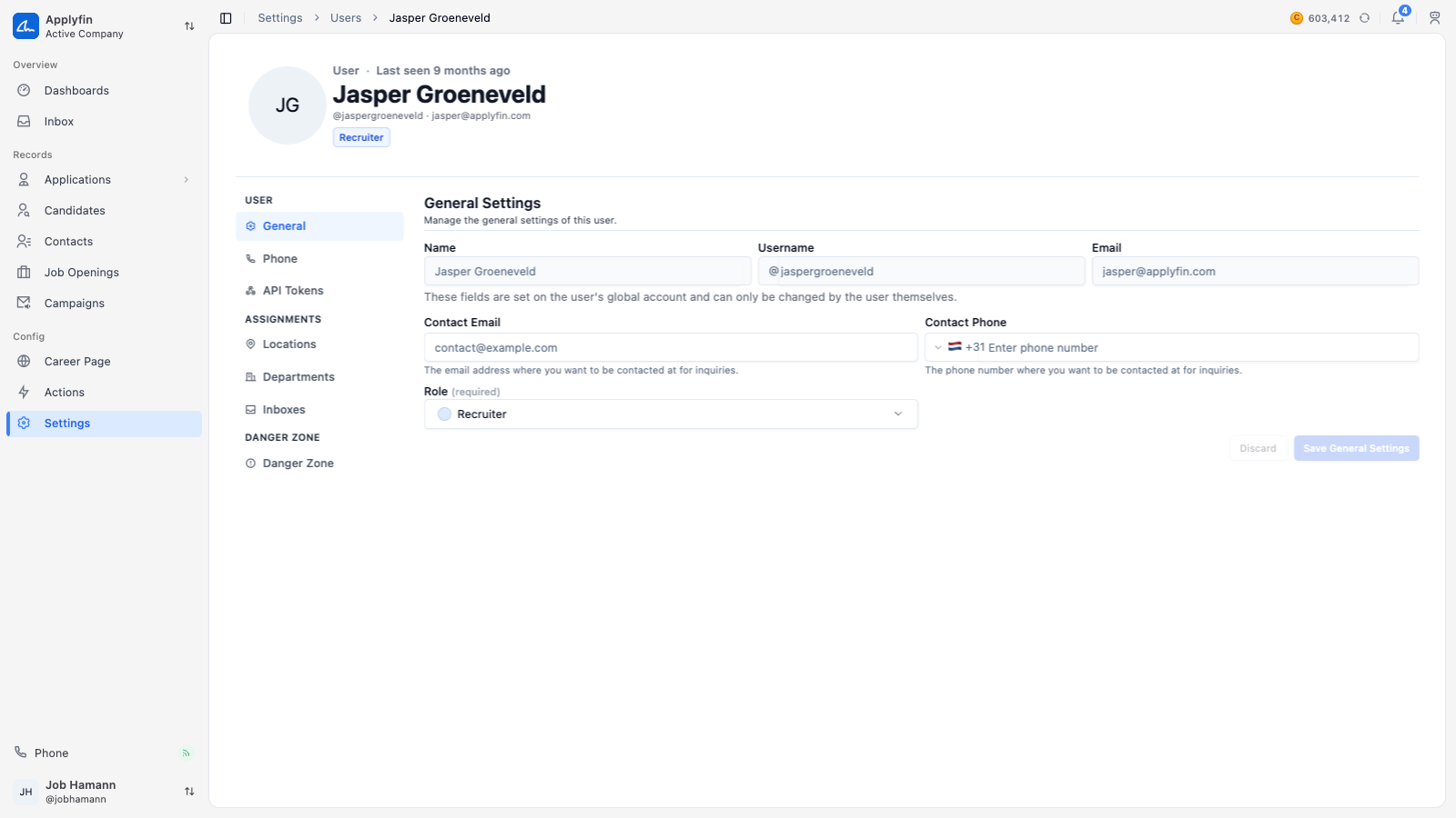 A user opened on General, with the role picker