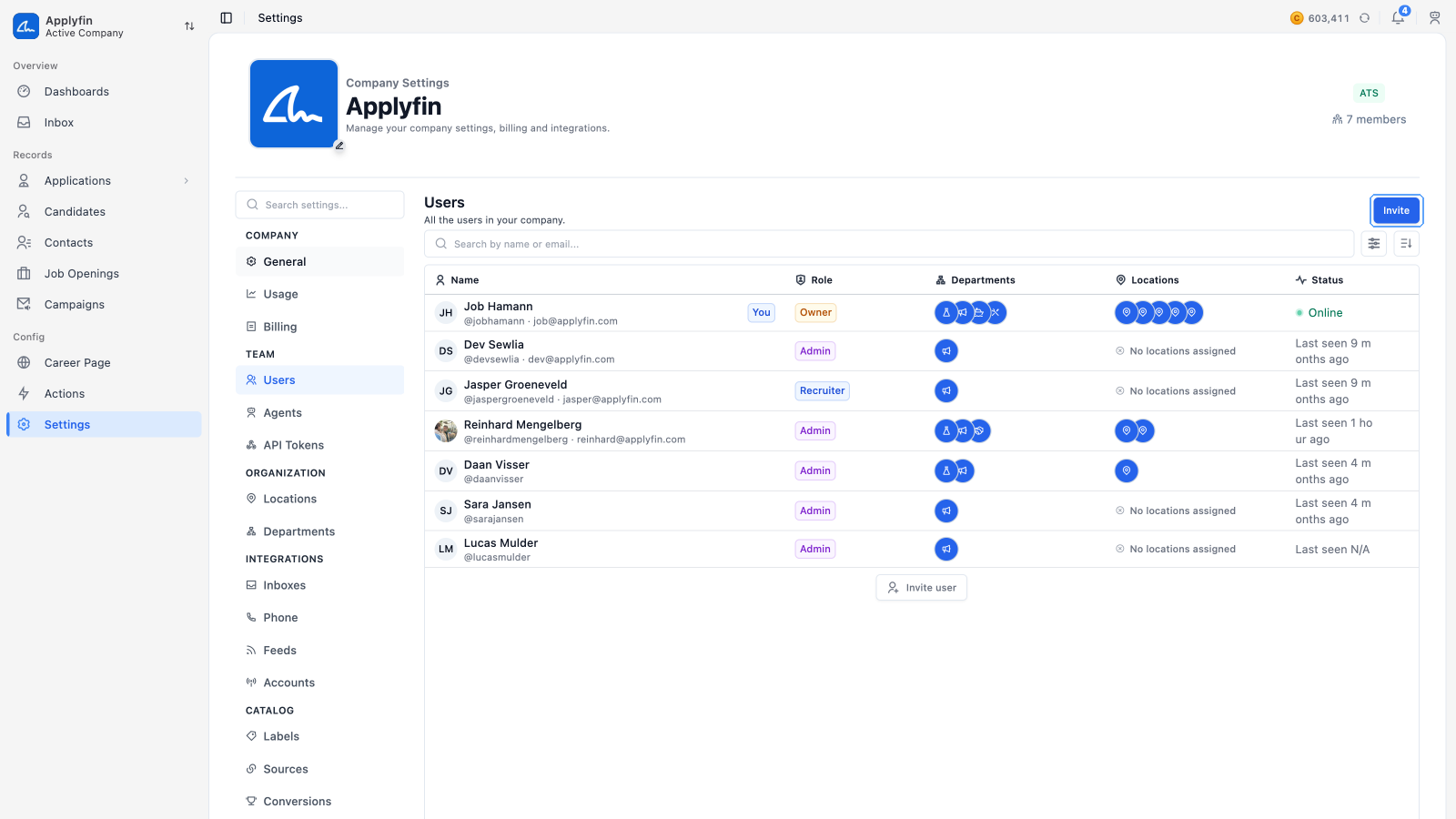 The Users list under Settings, with Invite
