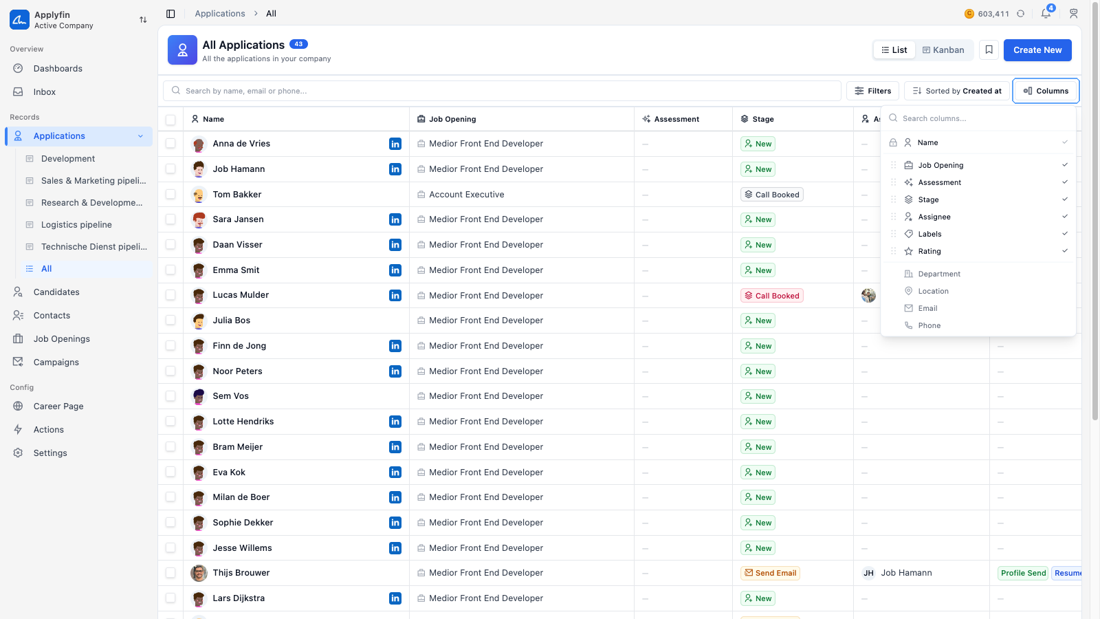 The Columns picker on the applications list